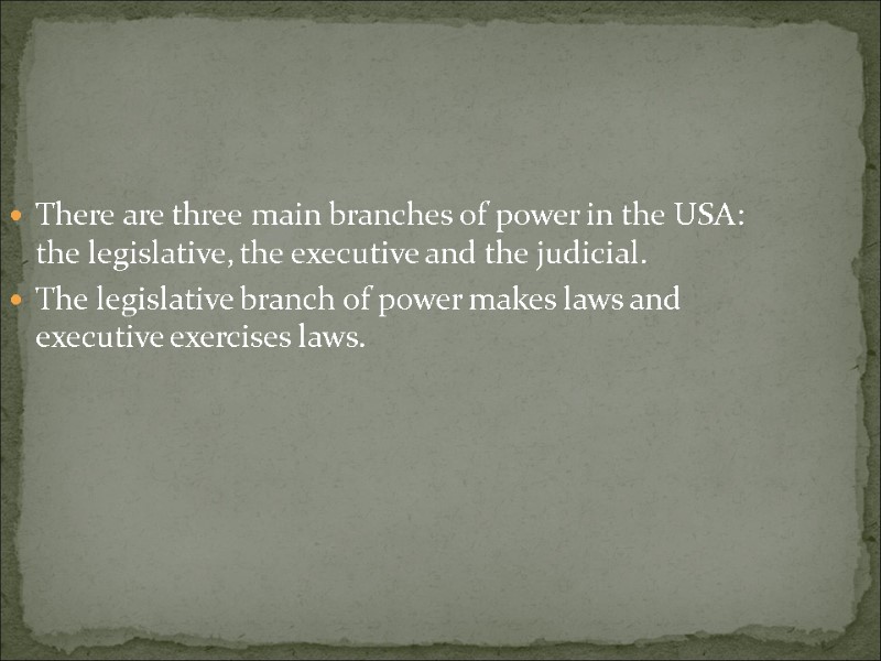 There are three main branches of power in the USA: the legislative, the executive